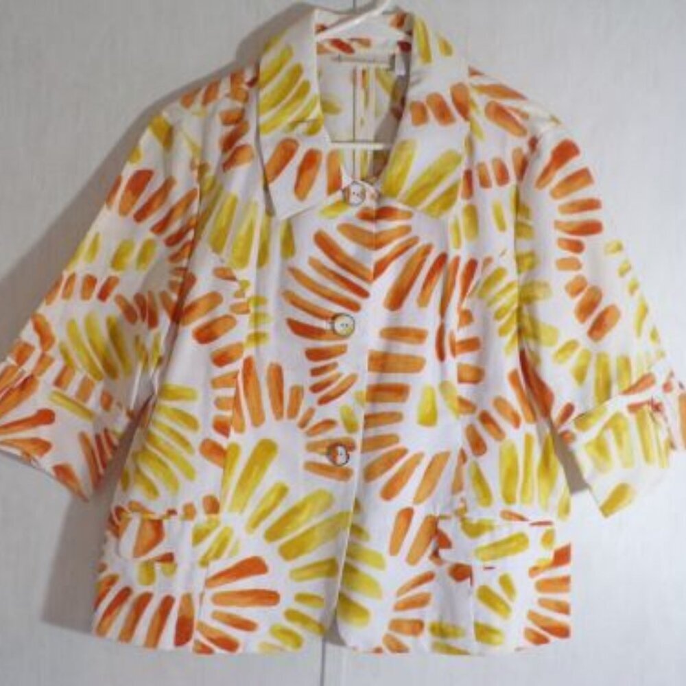 Chicos Women Jacket Size 2 100% Cotton Half Sleeve 3 Button Career Professional